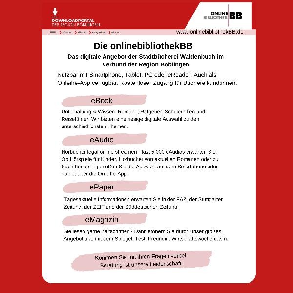 Flyer der OnlinebibliothekBB. Hingewiesen wird auf die digtalen Angbote eBook, eAudio, ePaper und eMagazine