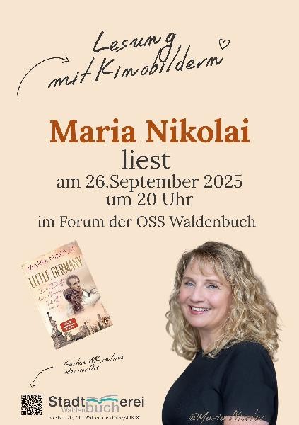 Ankündigung der Lesung mit Bild der Autorin und Buchcover