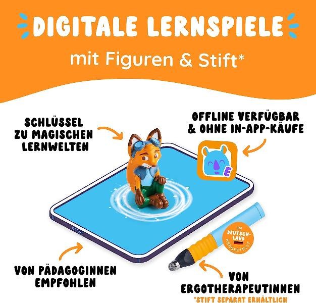 Edurino Spielfigur Fuchs steht auf einen Tablet. Hinweise auf eine App die von Pädagoginnen und Ergotherapeutinnen empfohlen wurd
